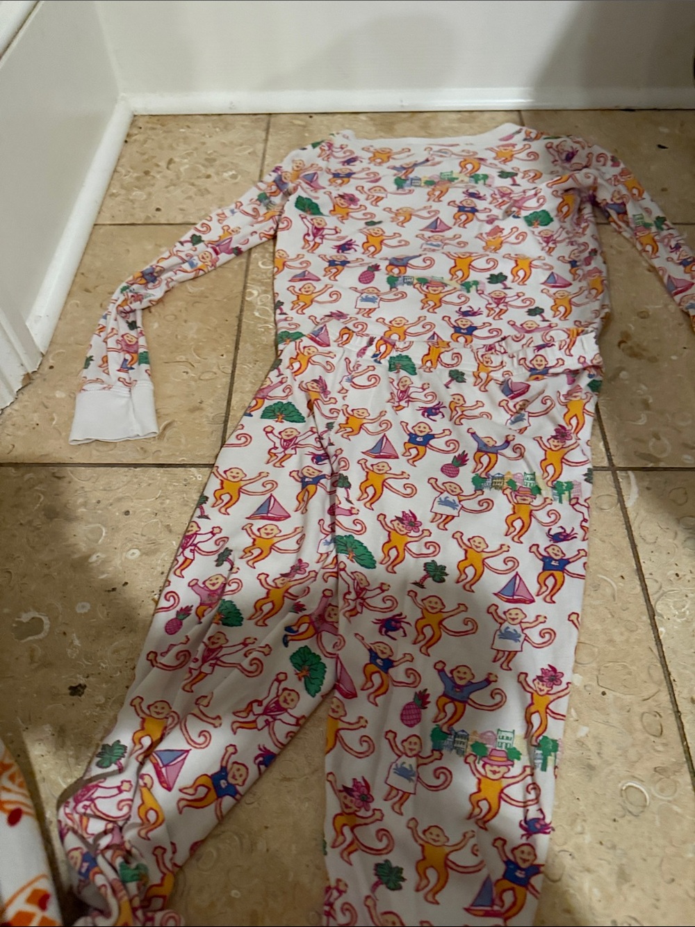 Kids White Monkey Print Two-Piece Pajama Set
